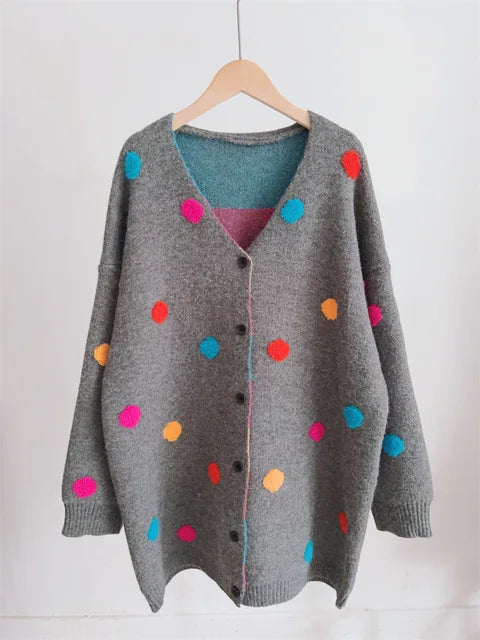 Colorful Polka Dot Knitted Cardigan Coat Women Single Breasted  Autumn Winter New Tide Loose Sweater Jacket