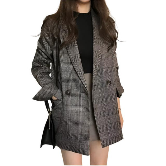 Women's Check Long Sleeve Cotton Jacket Casual Vintage Coat Plaid Blazer