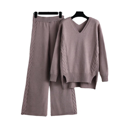 Knitted wide leg pants sweater set, women's Korean version, loose and thick, fashionable temperament two-piece set, trendy