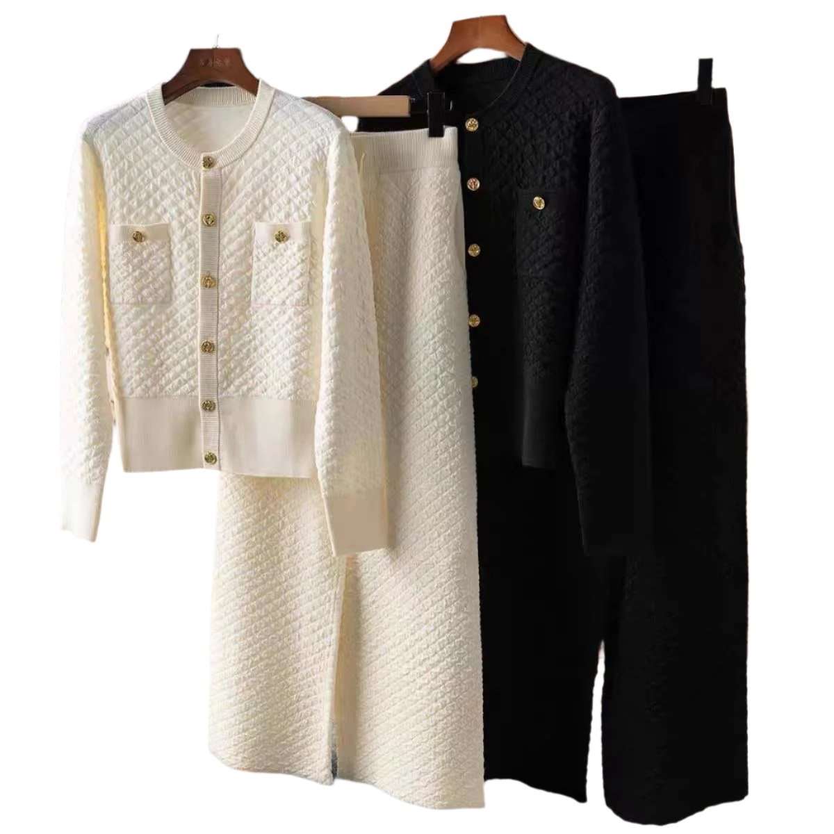 Bubble Texture Gold Buckle Cardigan+Wide Leg Pants Set