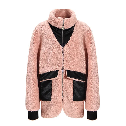 Detachable Shortened Turtleneck Coat Women Loose Solid Color Zipper Cardigan Lamb Coat