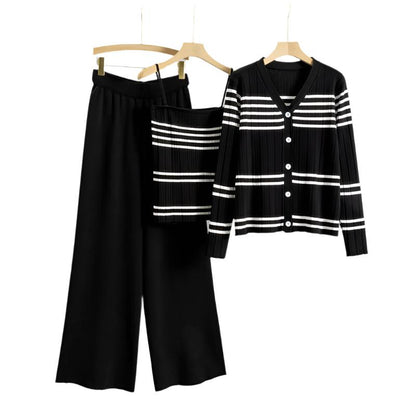 Fashion suit women's Korean version V-neck striped knitted cardigan with suspender, high waist slimming pants, stylish three piece set