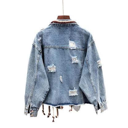 Spring Women Streetwear Patch Denim bomber Jacket Female Personality Short Diamonds Jacket Tassel Jean Coat