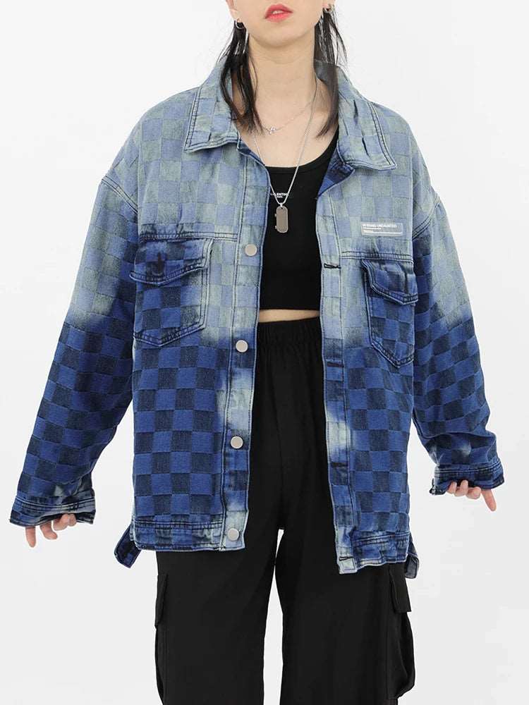 Diamond Lattice Denim Coat For Women Fashion Gradient Color Lapel Pocket Patchwork Loose Jacket Autumn