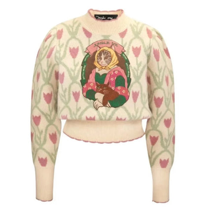 Tulip Jacquard Cartoon Embroidered Sweater For Women Vintage Elegant Stylish Chic Tops  Winter Long Sleeve Sweater