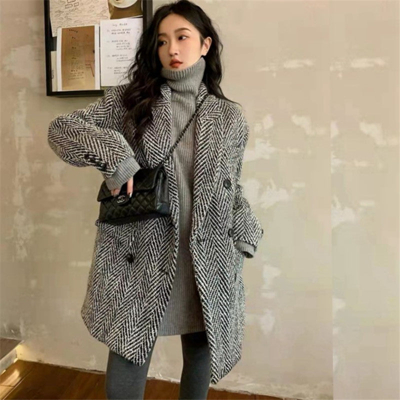 Wool Suit Jacket Women's Small Winter Autumn Winter New Mid-Length Herringbone Pattern Coat