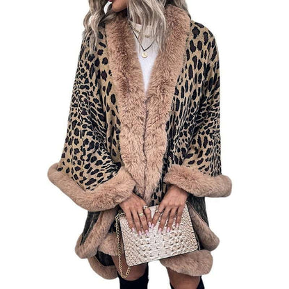 Autumn and Winter Wool Collar Cape Cardigan Leopard Cape Sweater Women