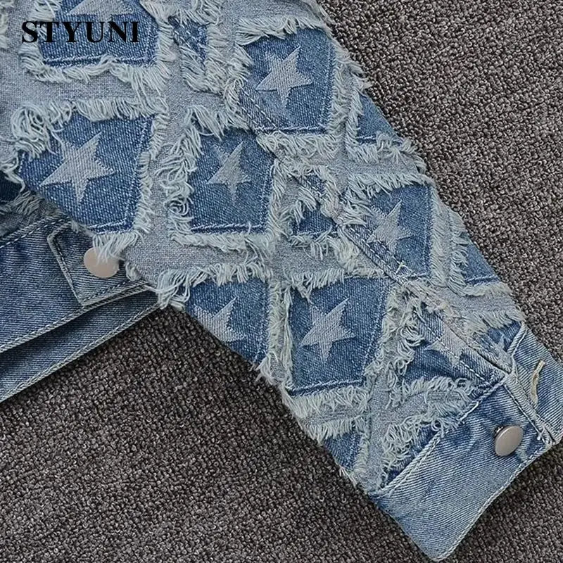 Plaid Blue Denim Cotton High Street Long Sleeve Women's Jacket Single Breasted O-Neck Korean Fashion Short Coat Autumn