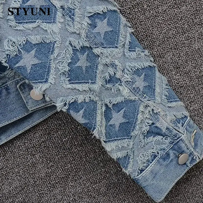 Plaid Blue Denim Cotton High Street Long Sleeve Women's Jacket Single Breasted O-Neck Korean Fashion Short Coat Autumn