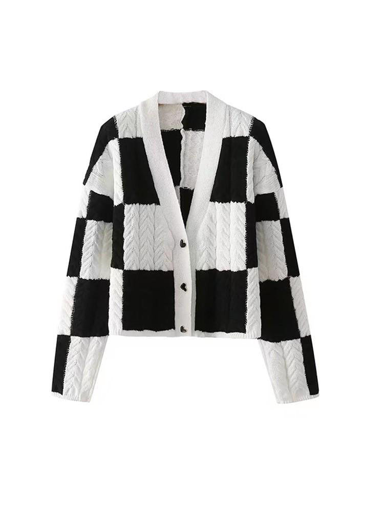 Autumn Women Casual Traf Jacket Black White Plaid Cable Knit Cardigan V Neck Button-Up Female Sweaters Crop Tops