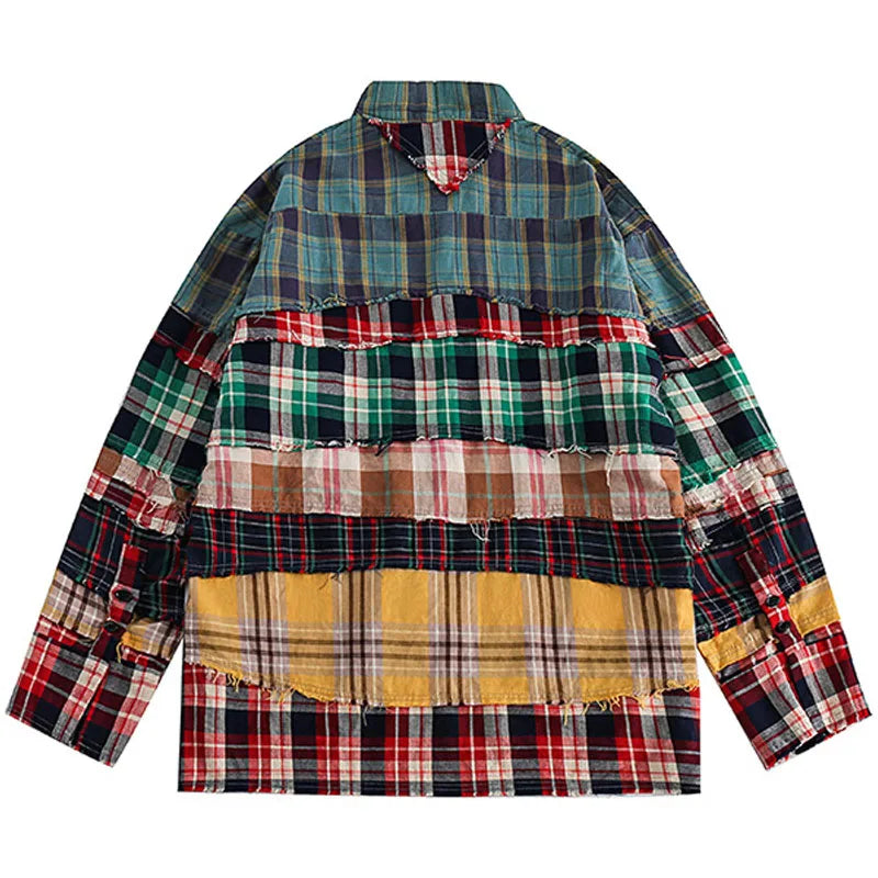 Streetwear Broken Patchwork Plaid Shirts Men Hip Hop Harajuku Retro Oversized Casual Loose Lapel Long Sleeve Shirts Coats Unisex