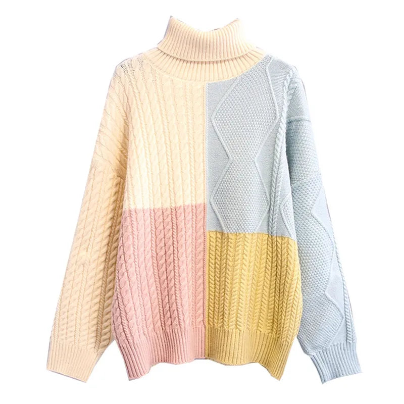 Fashion Patchwork Women Knitted Sweater  Autumn Winter Turtleneck Thick Warm Sweaters Loose Pullover Female Jumpers Tops