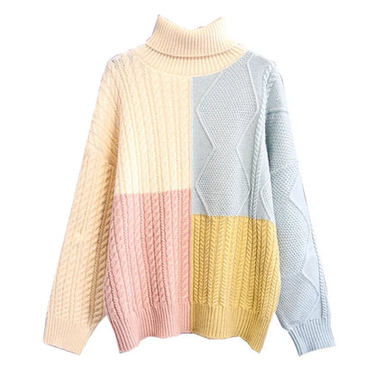 Fashion Patchwork Women Knitted Sweater  Autumn Winter Turtleneck Thick Warm Sweaters Loose Pullover Female Jumpers Tops