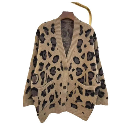 Korean version lazy style mid length leopard print cardigan women's coat