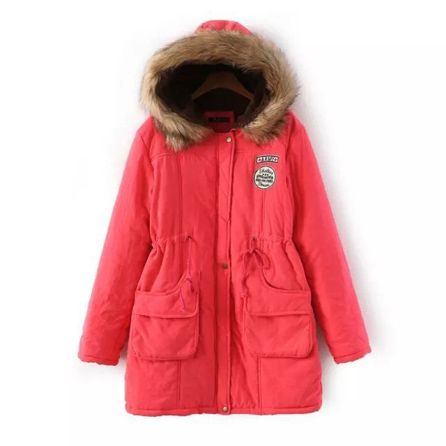 Women's military badge peach skin velvet hooded collar with waistband, plush and thick insulation, medium length cotton jacket