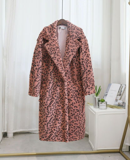 Winter Leopard Print Lapel Collar Long Fleece Jacket Women Oversized Pink Faux Fur Coat Thick Warm Teddy Jacket