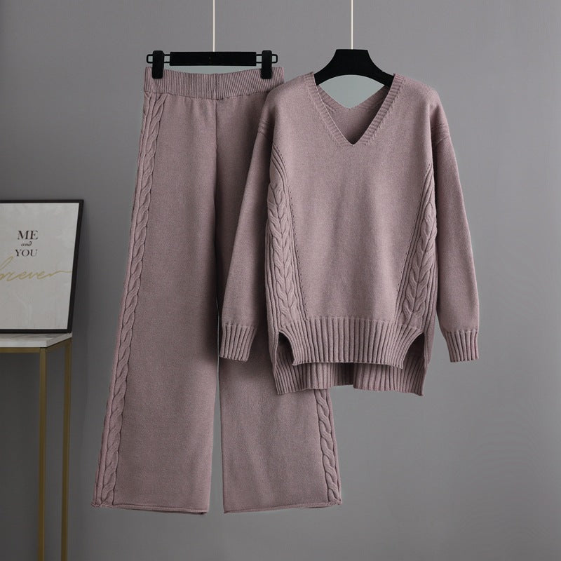 Knitted wide leg pants sweater set, women's Korean version, loose and thick, fashionable temperament two-piece set, trendy