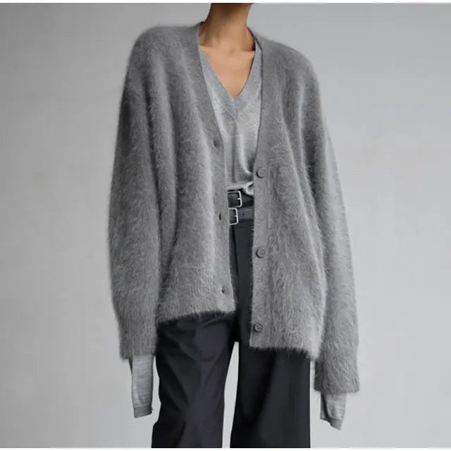 Contrast Color Mohair Cardigan For Women Loose Long Sleeve Single Breasted Knitted Pullover Autumn Chic Lady Streetwear