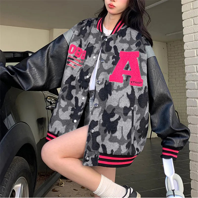 Streetwear Women Bomber Jacket Letter Embroidery Fashion Camouflage Jackets Coat PU Leather Spliced Loose Harajuku Jacket Female