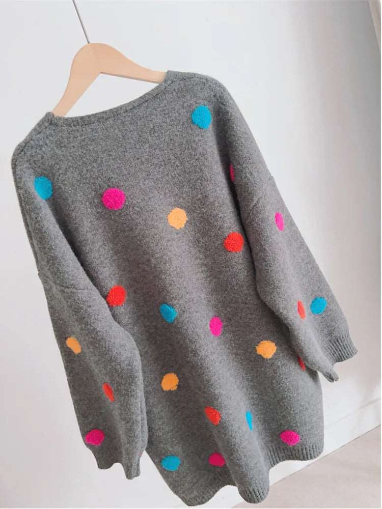 Colorful Polka Dot Knitted Cardigan Coat Women Single Breasted  Autumn Winter New Tide Loose Sweater Jacket