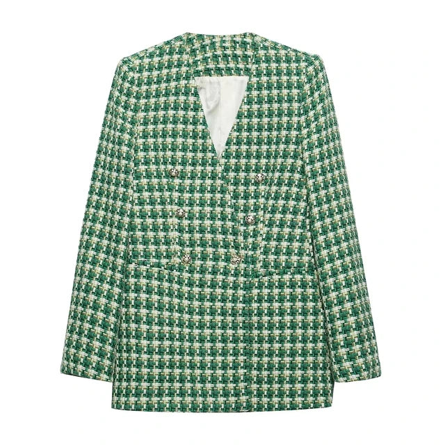 Women's Spring Retro V Neck Pocket Office Blazer Fashionable Green Plaid Textured Double Breasted Women's Blazer Chic Top