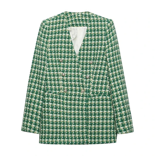 Women's Spring Retro V Neck Pocket Office Blazer Fashionable Green Plaid Textured Double Breasted Women's Blazer Chic Top