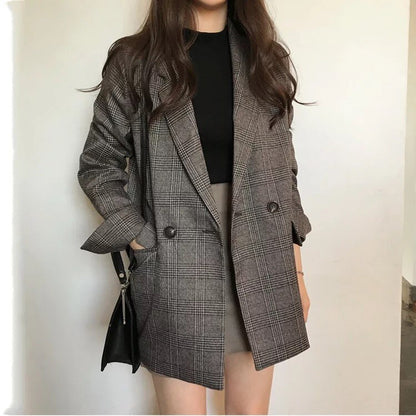 Women's Check Long Sleeve Cotton Jacket Casual Vintage Coat Plaid Blazer