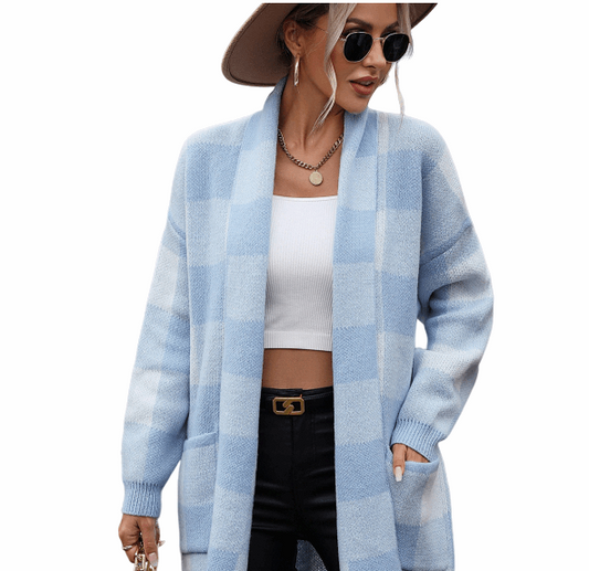 Coat Loose Plaid Contrast Knitted Cardigan Fashion Sweater for Women