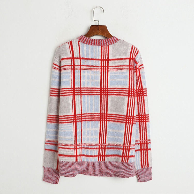 UFO embroidered plaid mohair sweater for women with contrasting round neck knit