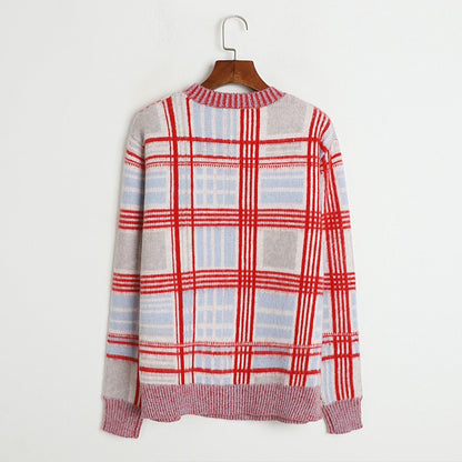 UFO embroidered plaid mohair sweater for women with contrasting round neck knit