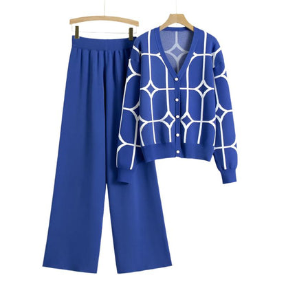 Fashion Knitted Set Women's Jacquard V-neck Cardigan Wide Leg Pants Two Piece Set