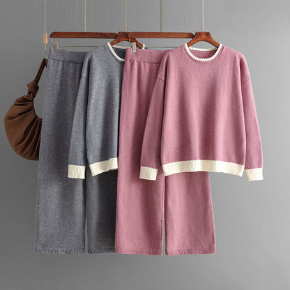 New autumn and winter style contrasting color round neck knitted sweater for slimming and wide leg pants two-piece set for women