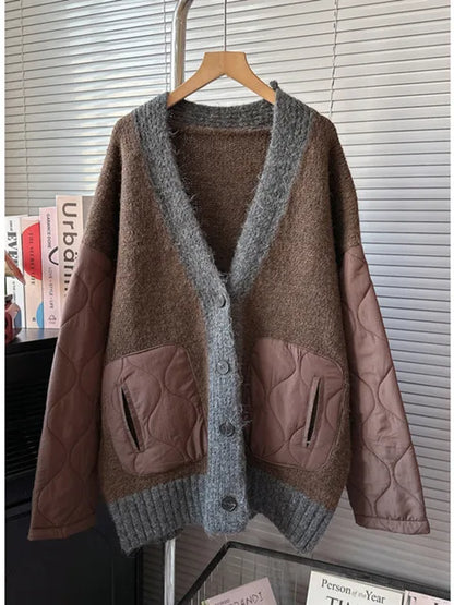 Women V-neck Single Breasted Patchwork Cotton Padded Coat Knitted Cardigan Sweater Thick Warm Autumn Winter