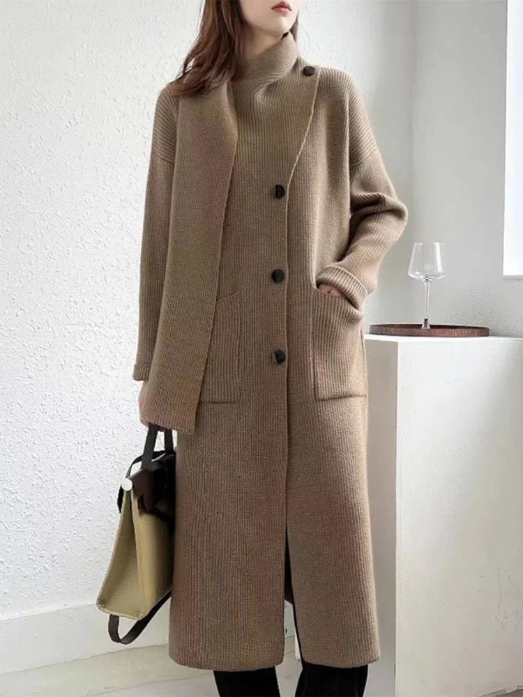 Scarf Collar Design Cardigan Knitting Long Sweater For Women Solid Full Sleeve Loose Casual Coat Winter Clothing