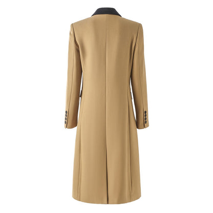 Classic double breasted wool twill fabric contrasting long coat with bead edge length