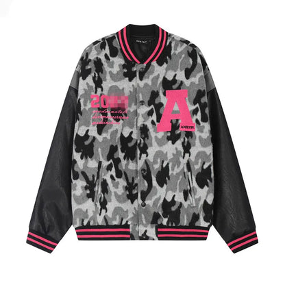 Streetwear Women Bomber Jacket Letter Embroidery Fashion Camouflage Jackets Coat PU Leather Spliced Loose Harajuku Jacket Female