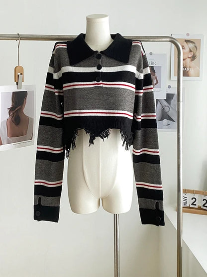 Fall Winter Woman Korean Fashion Style Long Sleeve Streetwear Jumper Knitwears Polo Collar Cropped Sweaters Vintage Chic