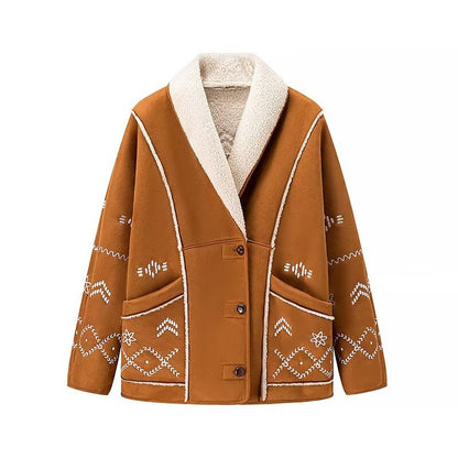 European and American style women's fashionable casual printed long sleeved contrasting collar lambhair jacket