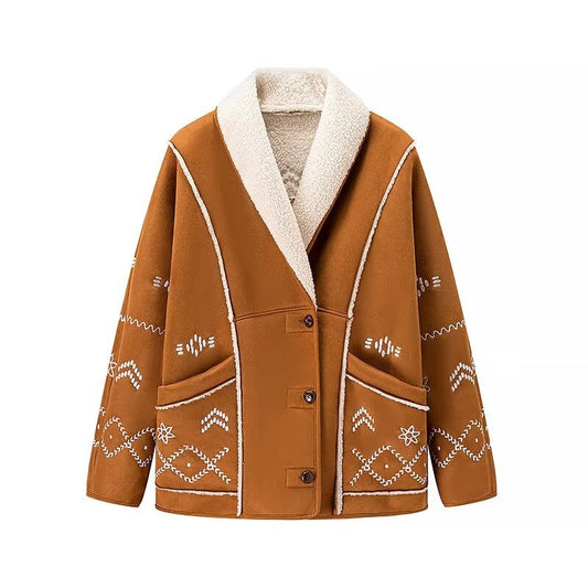 European and American style women's fashionable casual printed long sleeved contrasting collar lambhair jacket