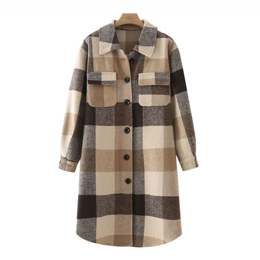 TRAF Women Fashion Loose Plaid Long Jacket Coat Vintage Long Sleeve Pockets Female Outerwear