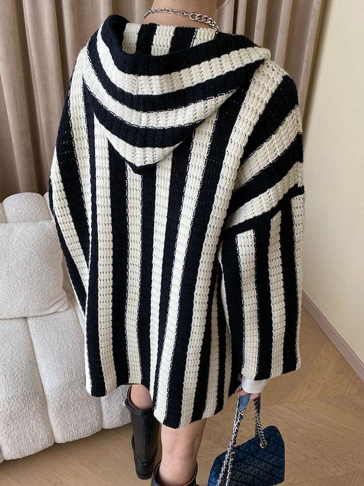 Casual Knitted Striped Cardigan For Women Hooded Contrast Color Loose Coat Fashion Winter New Clothing