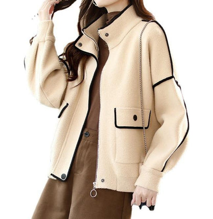 Zipper pocket short woolen coat for women loose long sleeved autumn casual large edition spliced top for women