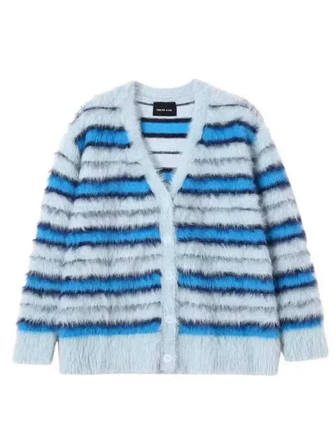 stitching striped cardigan sweater women fringe knitwear autumn winter retro V-neck knitwear Korean version top