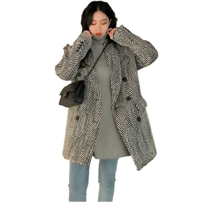 Wool Suit Jacket Women's Small Winter Autumn Winter New Mid-Length Herringbone Pattern Coat