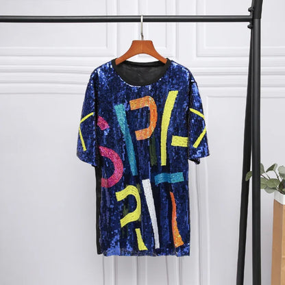 New Sequins Female Sequin Streetwear Clothing Short-Sleeved Round Neck Fashion Loose T-Shirt