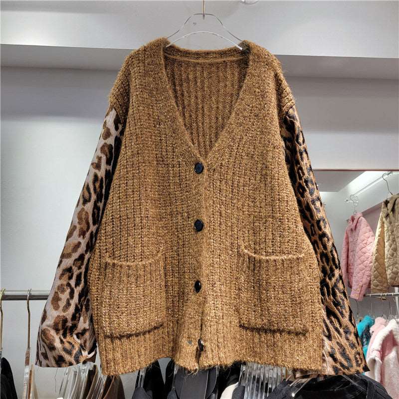 Leopard Print Long Sleeves Cardigan Coat For Women Streetwear Big Size Pocket Sweater Jacket Autumn Winter New