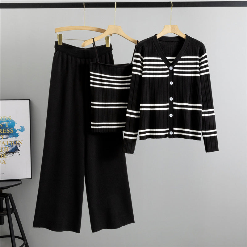 Fashion suit women's Korean version V-neck striped knitted cardigan with suspender, high waist slimming pants, stylish three piece set