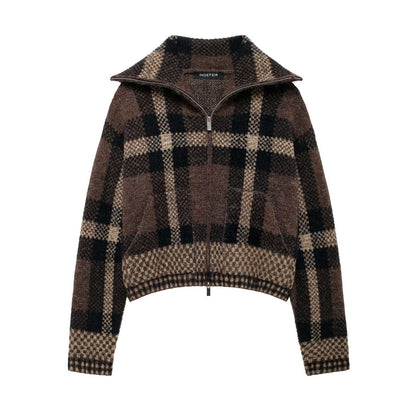 European and American style women's new plaid high neck long sleeved elegant casual jacket jacket