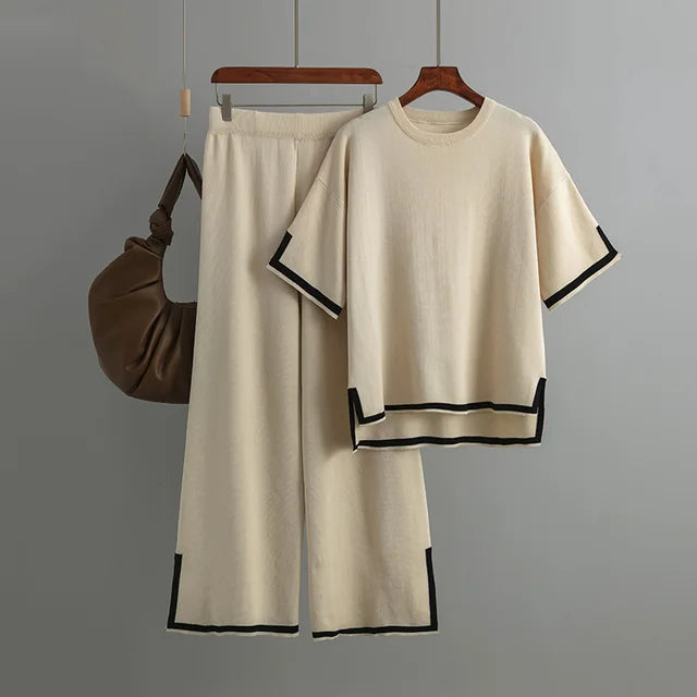 Minimalist Style Patchwork O-neck Short Sleeve Loose Sweater Casual Tops High Waist Pant 2 Piece Set