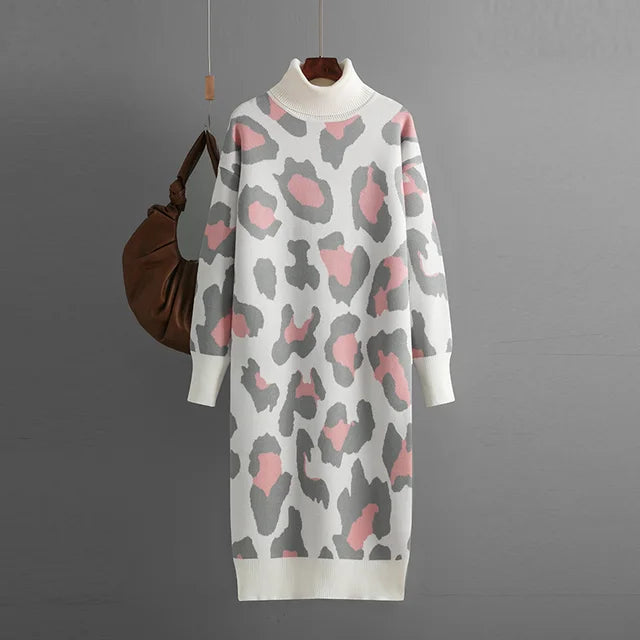 Women Dress  Autumn Turtleneck Leopard Print Loose Casual Long Knitted Dress All Match Bottoming Dresses Winter